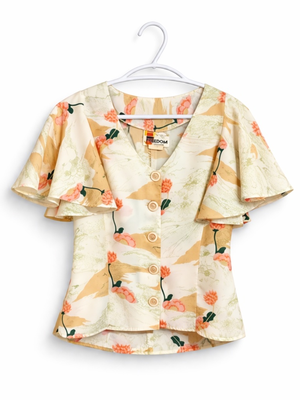 Vintage 70s Cream Button Front Blouse Orange Floral & Flutter Sleeve - Size 6